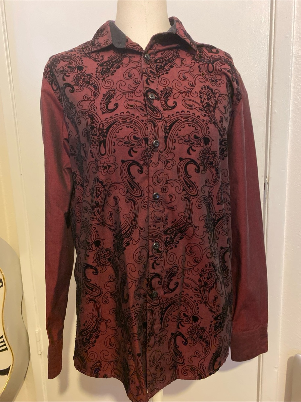 inc international concepts Women Button Up Shirt Maroon Small Paisley Fall